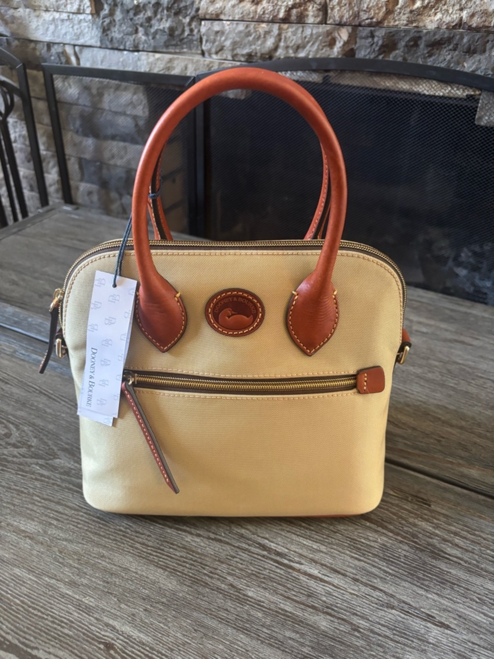 Dooney & Bourke Cream Canvas Satchel with Brown Leather Trim